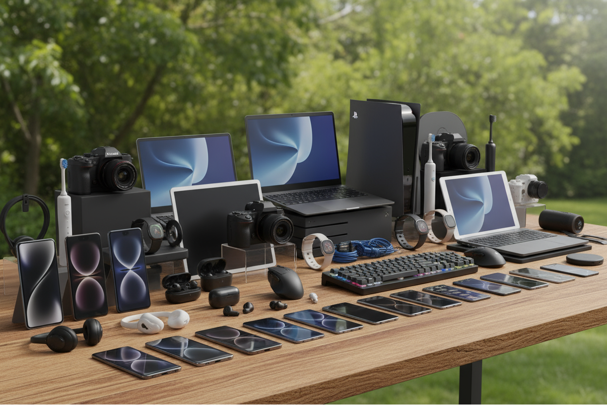 basicaly you generate the image like all phones, tablets and headphones , airbuds,electric tooth brushes,camera,laptops,vediogame consoles ,keyboards ,mouse,smar watches,powerbank ,wireless chargers all types ,and all you think more in add and on table like wood style and side view is green ree.