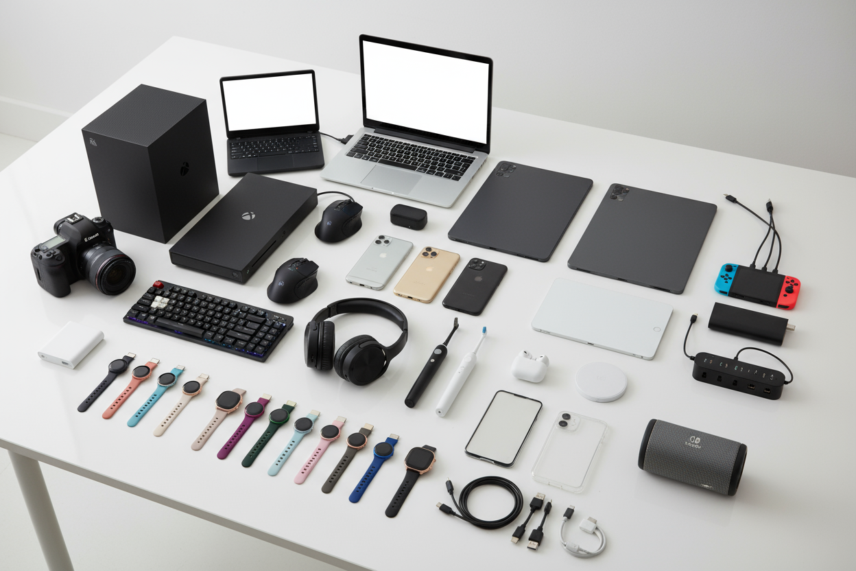 basicaly you generate the image like all phones, tablets and headphones , airbuds,electric tooth brushes,camera,laptops,vediogame consoles ,keyboards ,mouse,smar watches,powerbank ,wireless chargers all types ,and all you think more in add and on table .